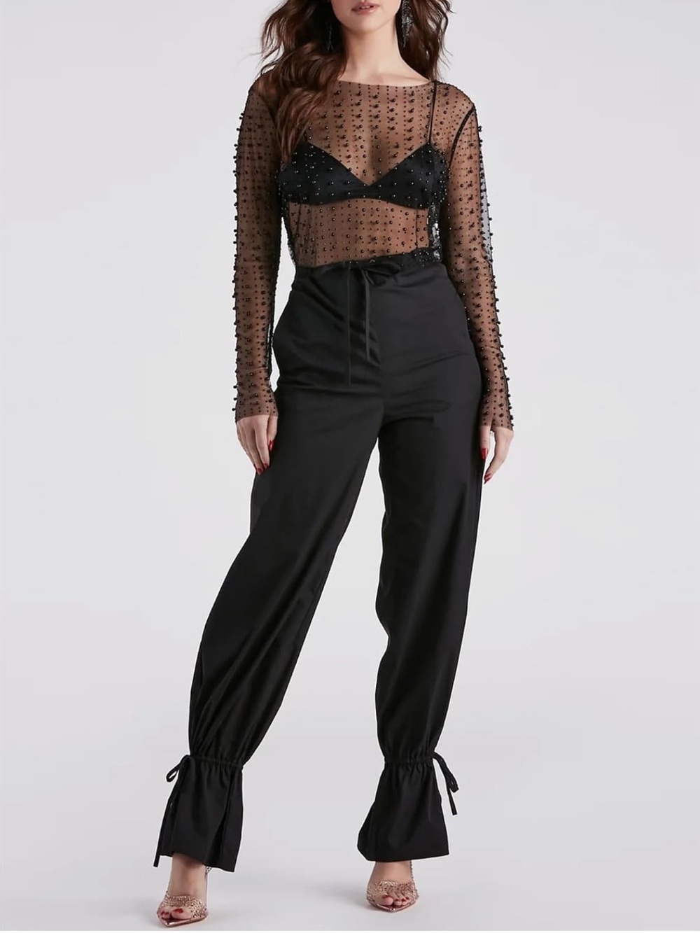 Windsor Sheer Mesh Long-Sleeve Pearl-Embellished Top in black 🖤 - Picture 4 of 12